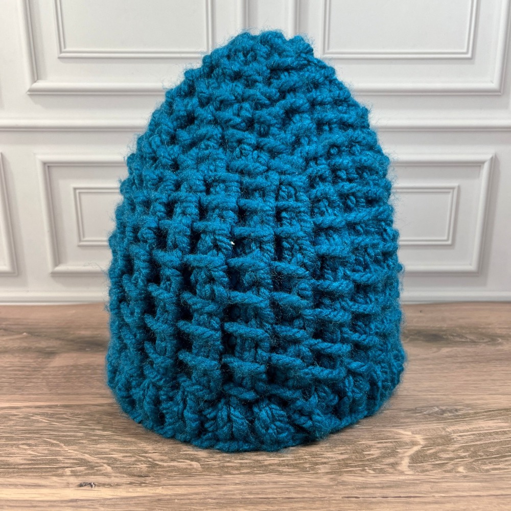 Handmade‎ Chunky Knit Beanie Teal Blue Textured Winter Hat Unisex One Size